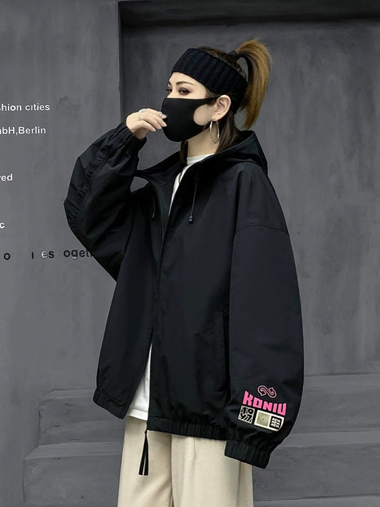 M's trendy brand black sports coat for women spring and autumn solid color high street hooded couple baseball uniform casual jacket