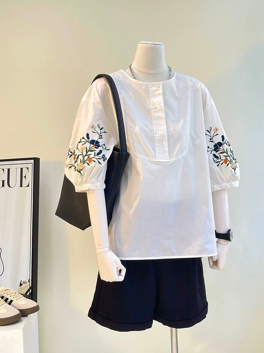The last wave of new styles in summer~ Pullover embroidered pure cotton mid-sleeve white shirt for women, summer design loose top