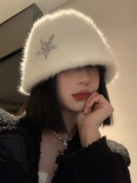 White rabbit fur fisherman hat for women in autumn and winter, Japanese-style face-showing small warm bucket hat, Korean style large head circumference plush hat