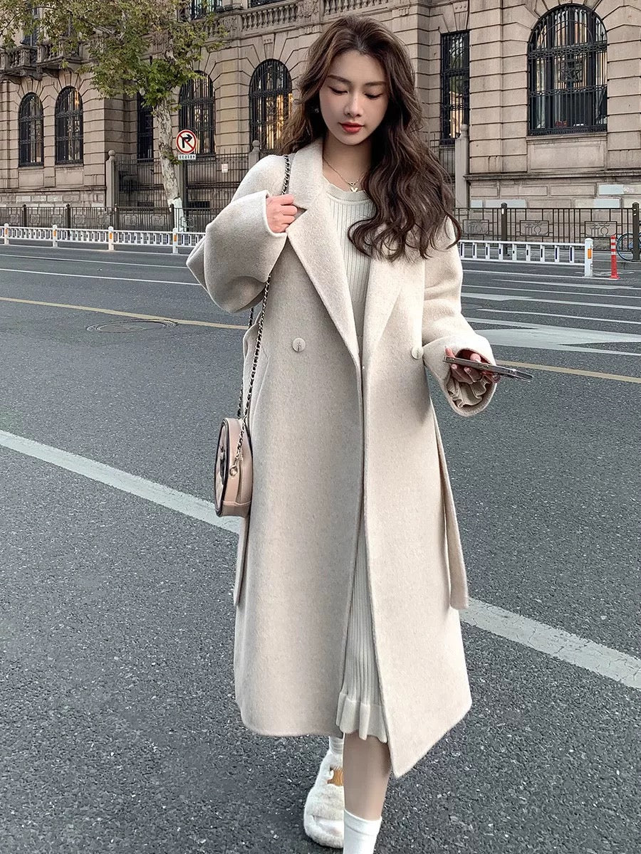 Pink double-faced velvet coat for women 2024 autumn and winter new Korean style loose mid-length lace-up woolen coat