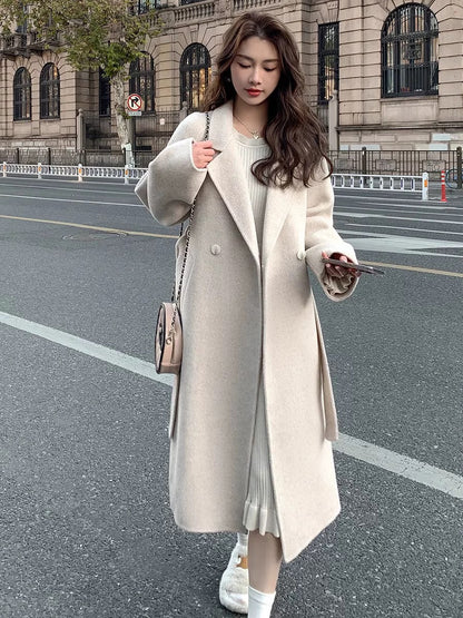 Pink double-faced velvet coat for women 2024 autumn and winter new Korean style loose mid-length lace-up woolen coat