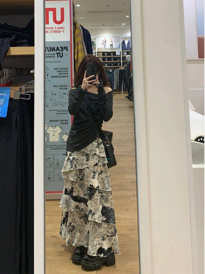 2024 summer new style ruffled floral cake skirt retro high waist slim a-line short long skirt two-piece suit