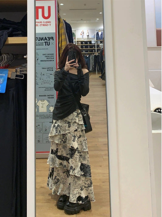 2024 summer new style ruffled floral cake skirt retro high waist slim a-line short long skirt two-piece suit