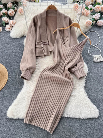 Autumn and winter elegant lady knitted suit women's short sweater shawl jacket + suspender dress two-piece set