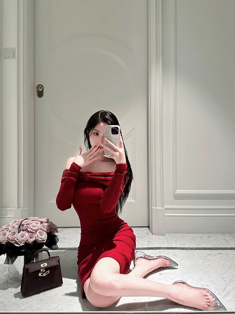 For Fay Christmas limited edition/red velvet stitching one-shoulder knitted elastic sexy hip-hugging slim dress