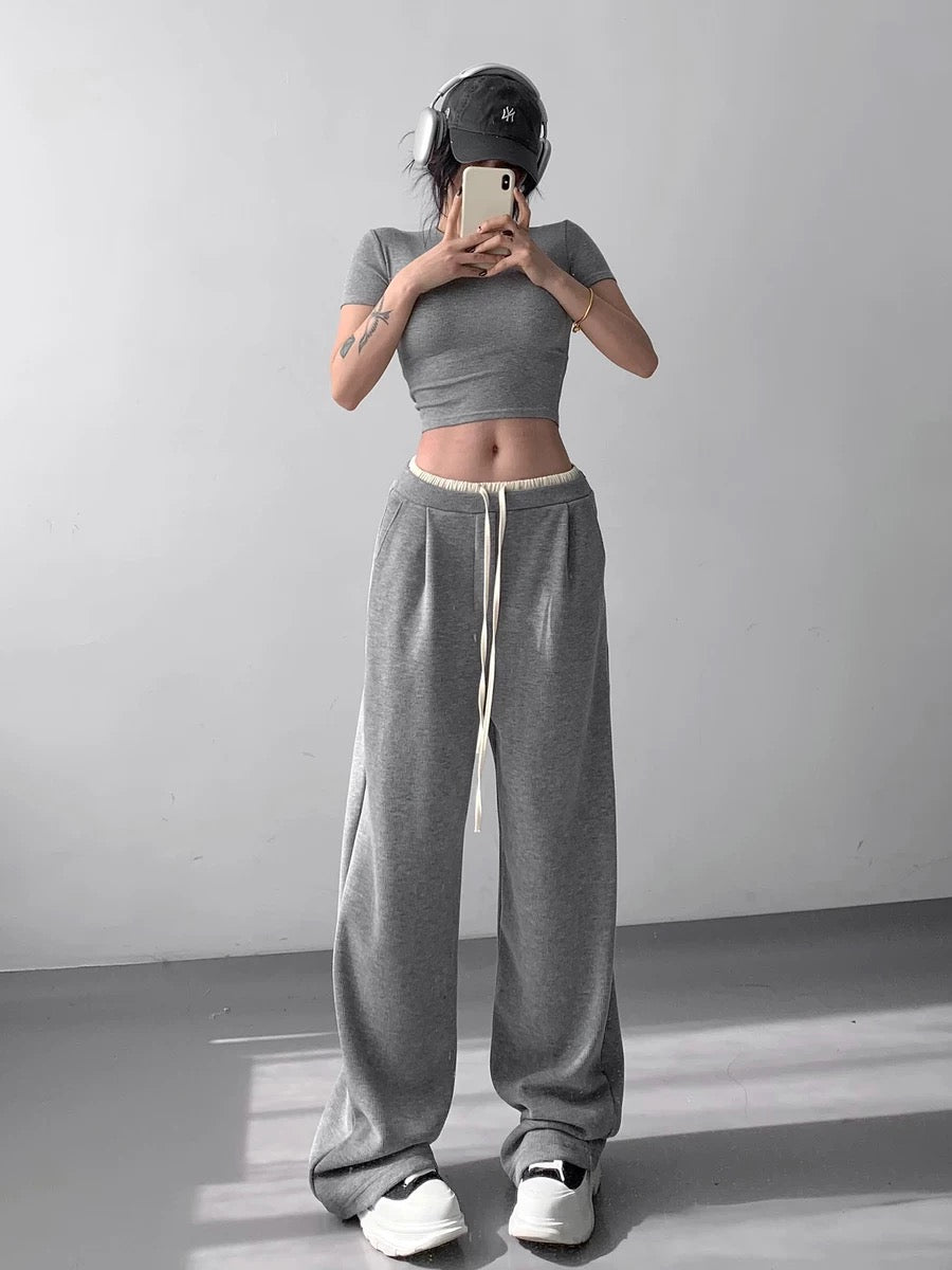 Contrast color splicing casual straight-leg sweatpants for women 2024 spring and autumn new high-waisted slimming versatile sports wide-leg floor-length pants