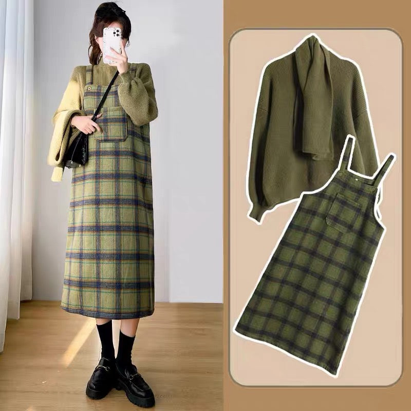 Maternity suit autumn and winter suspender skirt women's outerwear two-piece set bottoming shirt sweater winter plaid woolen dress