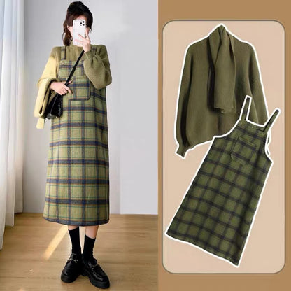 Maternity suit autumn and winter suspender skirt women's outerwear two-piece set bottoming shirt sweater winter plaid woolen dress