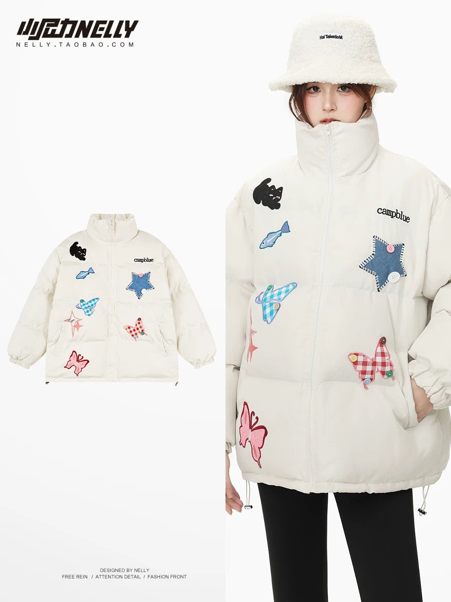 American retro trendy brand butterfly five-pointed star warm and cute bread coat cotton coat jacket for men and women winter cotton coat and jacket