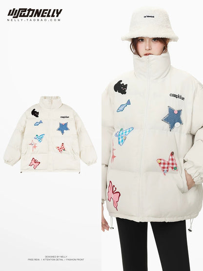 American retro trendy brand butterfly five-pointed star warm and cute bread coat cotton coat jacket for men and women winter cotton coat and jacket