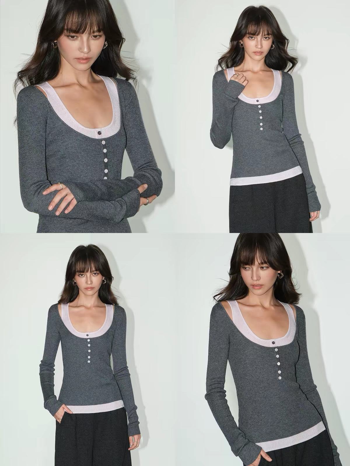NEVA HU Layered-Look Colorblock Knitted Top – Women’s Long-Sleeve U-Neck Base Layer with a Sophisticated, Faux-Layered Design