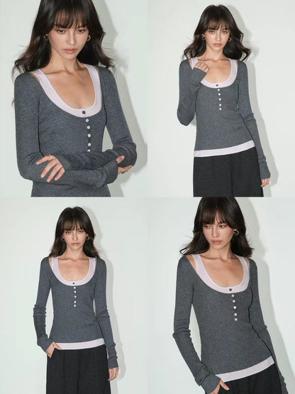 NEVA HU Layered-Look Colorblock Knitted Top – Women’s Long-Sleeve U-Neck Base Layer with a Sophisticated, Faux-Layered Design