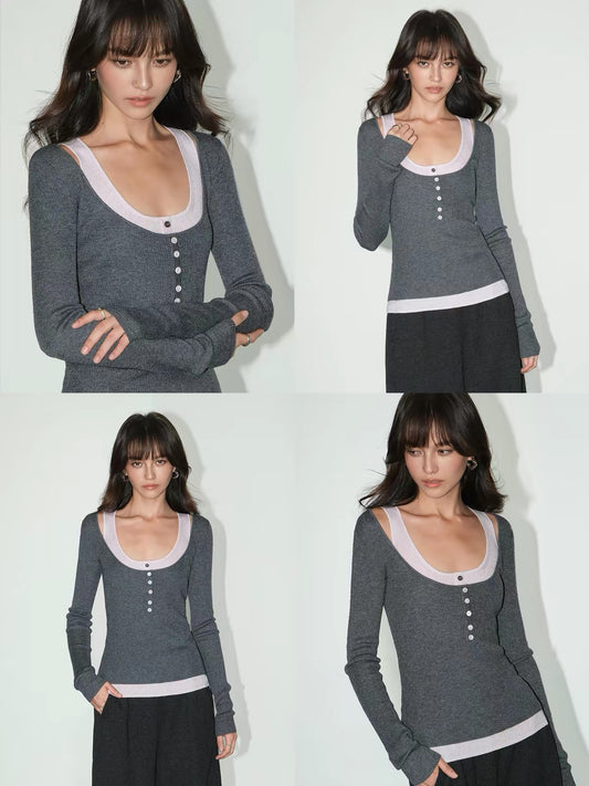 NEVA HU Layered-Look Colorblock Knitted Top – Women’s Long-Sleeve U-Neck Base Layer with a Sophisticated, Faux-Layered Design