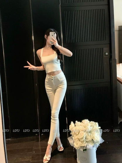 LDTJ Haute Couture Pants Spring and Winter New Temperament Celebrity High Waist Slim Slit Slits Casual Stretch Small Feet Nine Points Women
