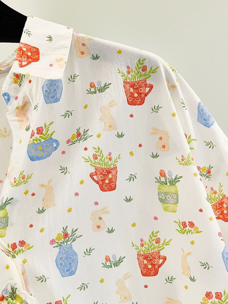 Cartoon vase print tops 2024 summer new short-sleeved ladies cardigan shirt doll collar age-reducing shirt