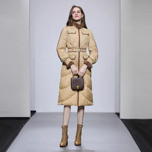 2023 new winter style fashionable stand-up collar rabbit fur contrasting color splicing lace-up waist mid-length down jacket