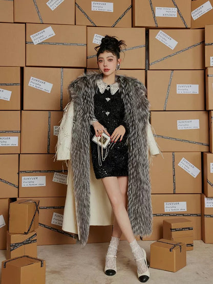 Sun Yuer's noble and broken dream Galaxy high-definition bright silk material hand-drilled lapel shape rhinestone buckle waist dress