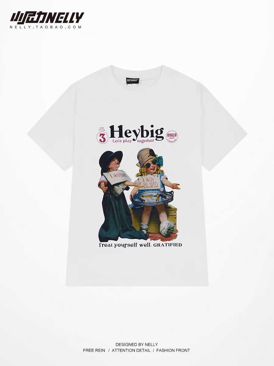 Ins printed short-sleeved t-shirt women and men summer new American retro cotton European and American high street tide brand all-match top bf
