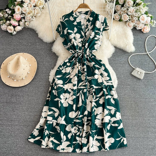 High-grade light luxury temperament flying sleeves V-neck waist slimming A-line ruffled print dress elegant long skirt