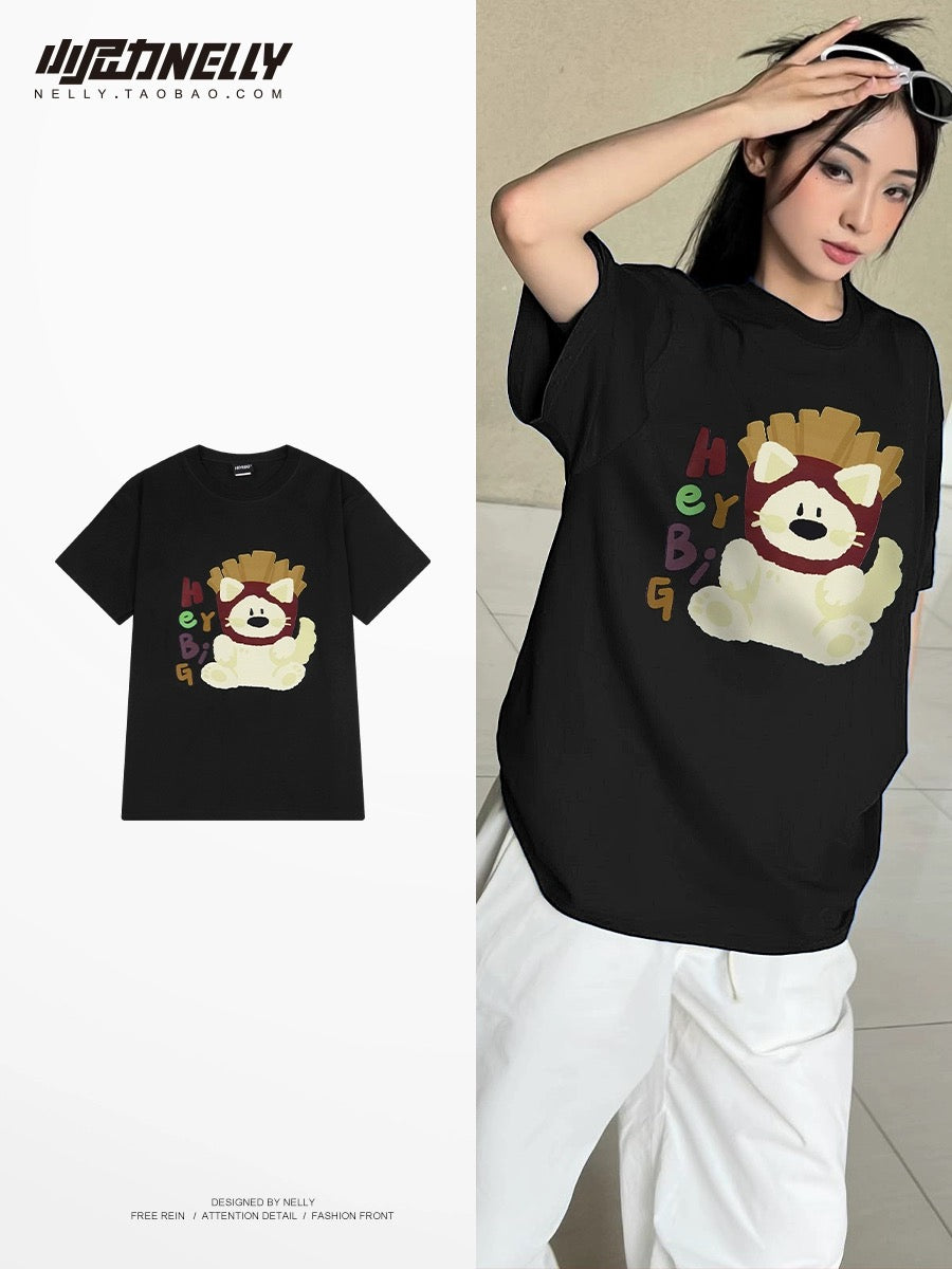 Pure cotton loose American short-sleeved T-shirt for men summer 2024 new couple half-sleeved cartoon men and women trendy brand T-shirt