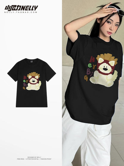 Pure cotton loose American short-sleeved T-shirt for men summer 2024 new couple half-sleeved cartoon men and women trendy brand T-shirt