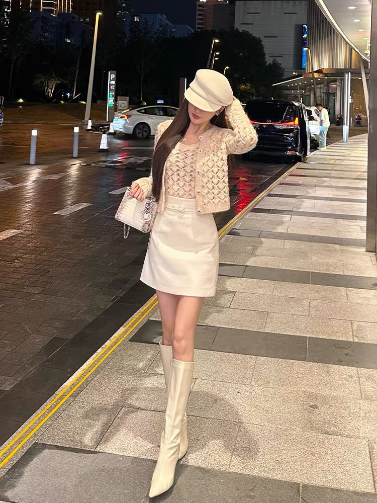 Shanxishuo Apricot Hollow Sexy Knitted Cardigan Jacket for Women + Diamond Check Vest French Fashion Retro 2-piece Set (B8891)