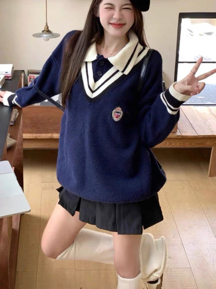 College style fake two-piece v-neck pullover sweater niche long-sleeved loose knitted sweater top for women autumn and winter 2023 new style