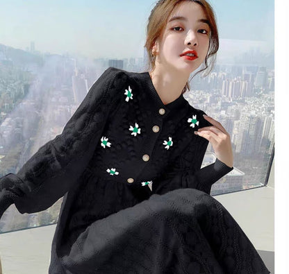 European Station Autumn and Winter New Internet Celebrity Knitted Dress Embroidered Hollow Age Reduction French Retro Bottoming Long Skirt