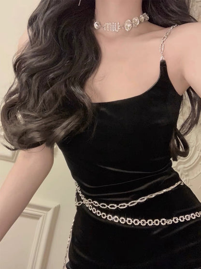 From a moment [beauty in a cage] black sling dress 2023 new female autumn velvet temperament skirt