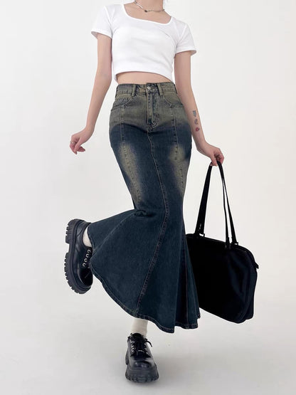 Denim skirt for spring and autumn, slightly chubby design, niche whitening gradient, hip-hugging fishtail ruffled mid-length skirt for women A3360