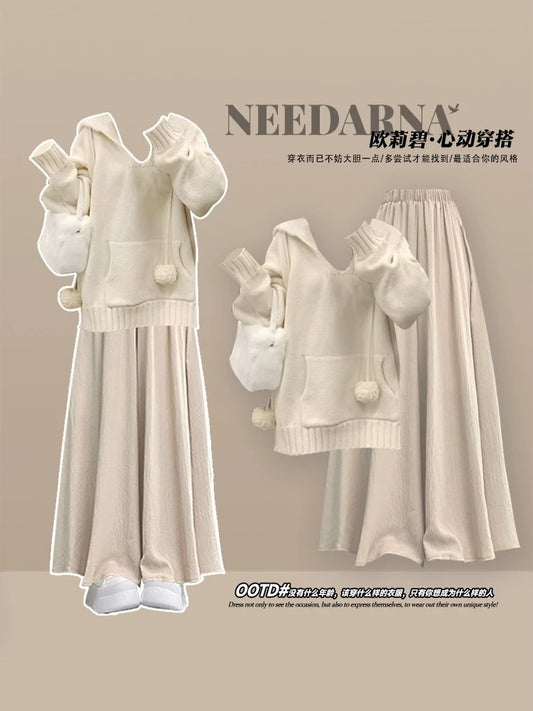 Early autumn Korean style atmosphere outfit a complete set of lazy style sweater long-sleeved dress suit fishing style dating skirt