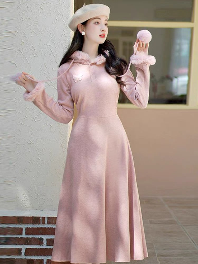 Gentle style French temperament fur collar hooded dress for women winter slim waist slimming inner long skirt