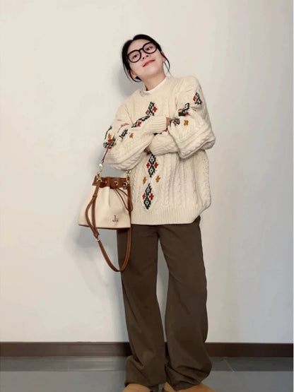 Christmas wear, French thick stick stitch blended cable-knitted colorful sweater, off-shoulder, lazy style, versatile commuting top, loose