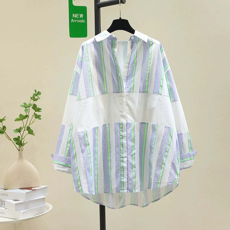 Design sense splicing striped shirt women 2024 spring new loose casual large size shirt comfortable versatile top