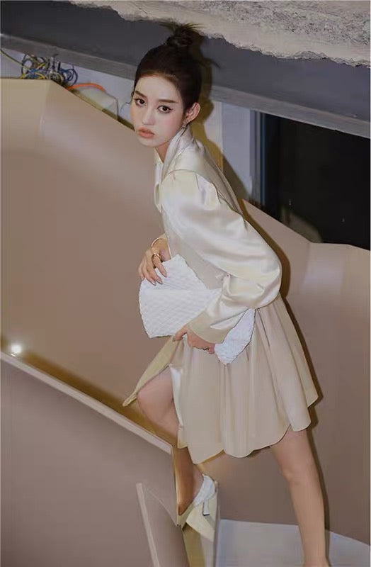Spring and autumn new women's French retro champagne acetate dress high-end temperament birthday party dress skirt