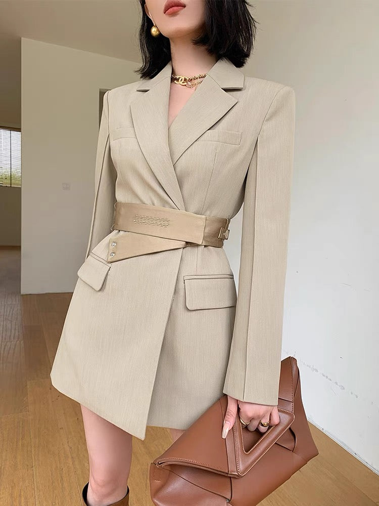 WANGXO khaki high-end suit dress women's autumn 2023 new waist slimming short skirt