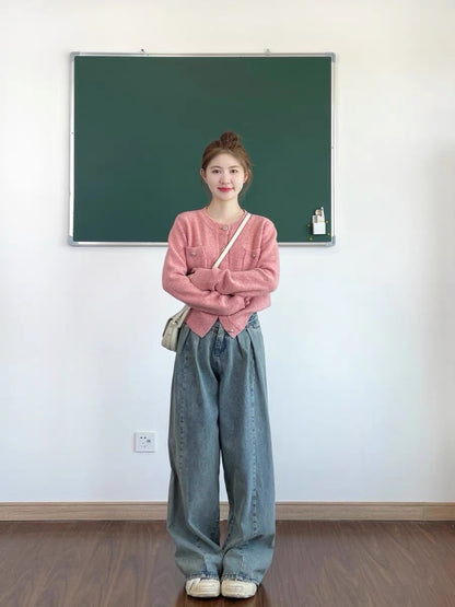 Small fragrant style knitted cardigan sweater coat lazy wide-leg jeans two-piece suit female fashion small man autumn