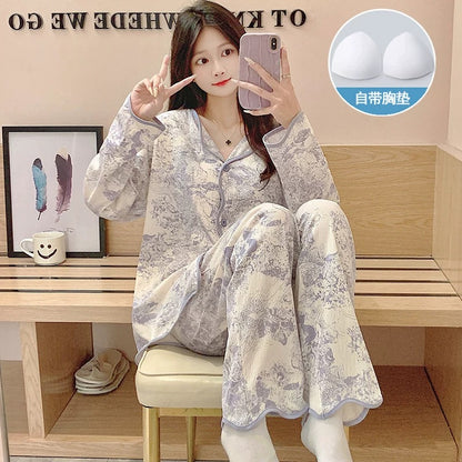 Pajamas women summer cardigan long-sleeved trousers suit summer ladies 2024 new cartoon spring autumn winter home clothes