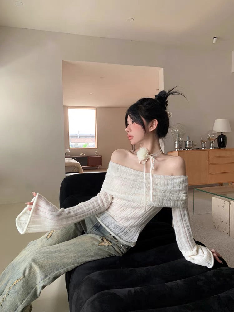 Yatoujia's trendy women's clothing~pure lust hazy pullover sweater for women autumn three-dimensional flower one-shoulder sweater (T0231)