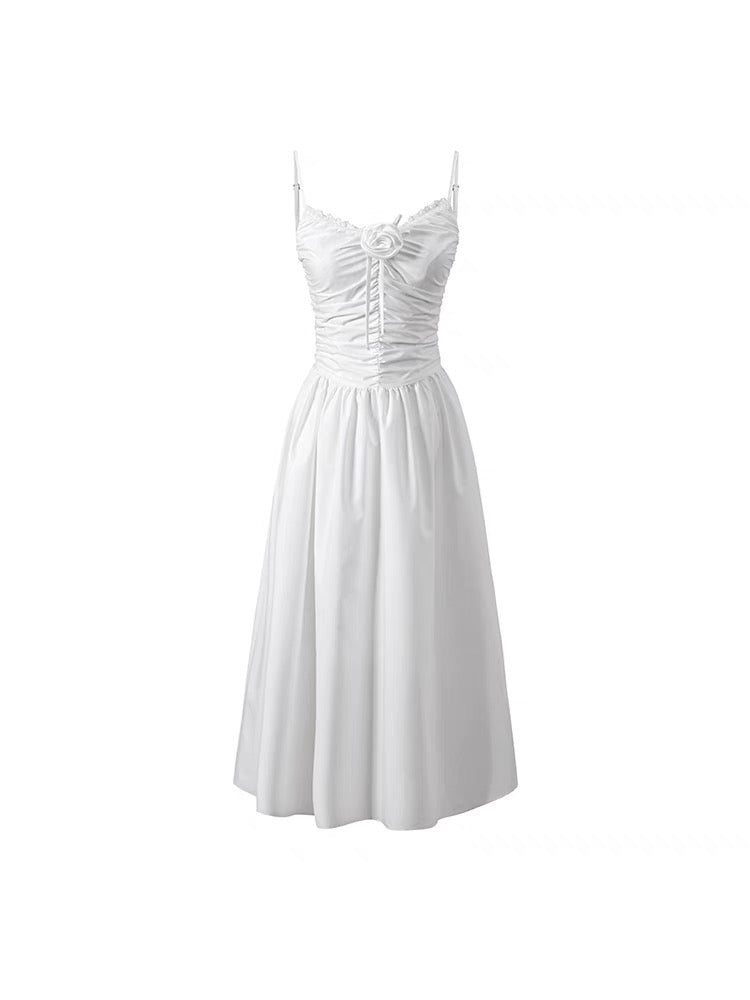 Underpass original design French black and white niche high-waisted wrinkled rose waist suspender dress