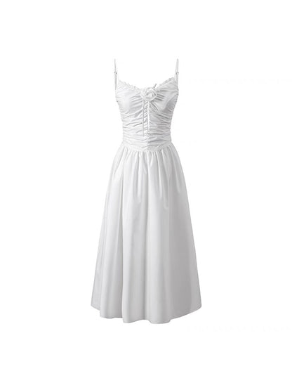 Underpass original design French black and white niche high-waisted wrinkled rose waist suspender dress