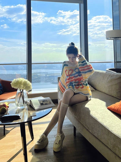 HyunA style hollow rainbow striped round neck sweater for women autumn and winter 2023 new loose lazy style soft waxy sweater V1147