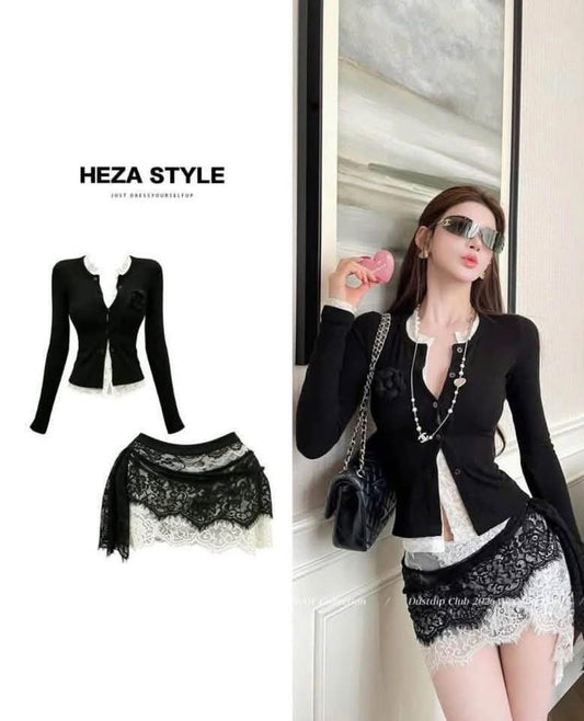 HEZA Women's French-style "faux-layered" lace-spliced top and premium black skirt set (flattering fit for a slightly curvy silhouette)