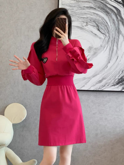 French dragon fruit color sweatshirt skirt for women autumn and winter 2023 new European style slim dress for small people (V5518)