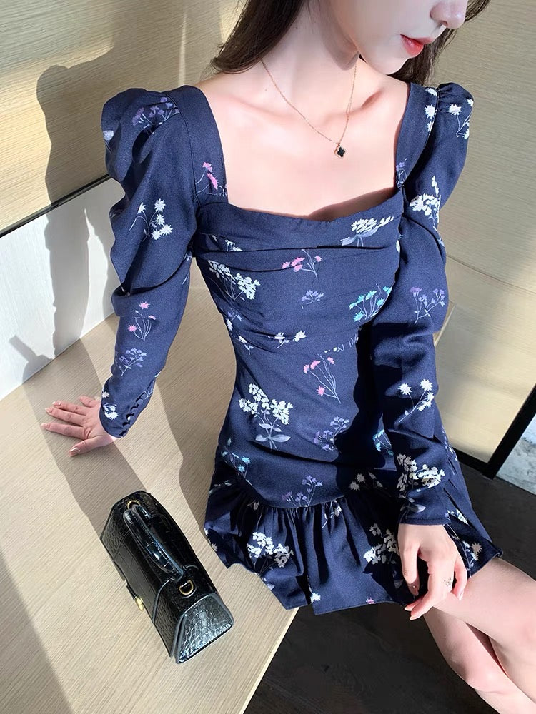 Juicecola French floral square neck dress for women spring and autumn new style ladylike temperament high-end light luxury dress D678