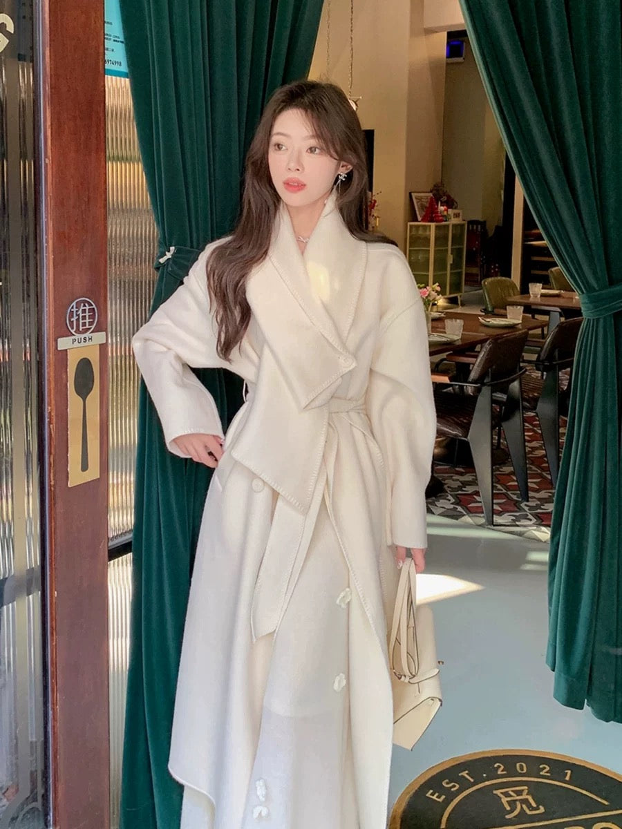 ByYou fully handmade floral wool white v-neck knitted dress long waisted thickened inner sweater skirt