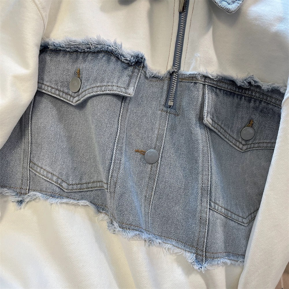 European and American high street retro denim splicing polo collar sweatshirt men and women spring and autumn loose national trend half zip workwear jacket