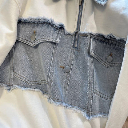 European and American high street retro denim splicing polo collar sweatshirt men and women spring and autumn loose national trend half zip workwear jacket