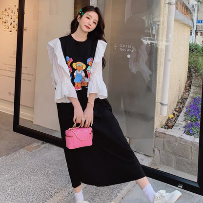 Black dress for women 2023 new summer design niche cartoon print cute age-reducing college style long skirt