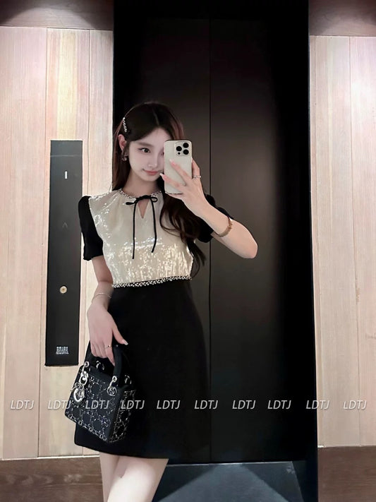 LDTJ Haute Couture 23 Autumn and Winter New Miu Celebrity Embroidered Sequins Light Luxurious Rhinestone Puff Sleeve Splicing Dress for Women